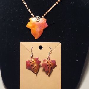 Elegant Orange Leaf Pendant Necklace and Earrings Set